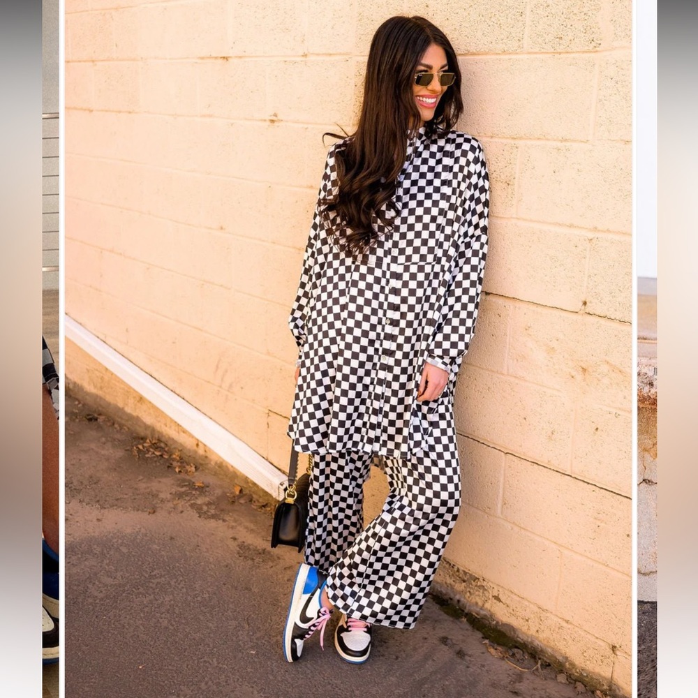 NWT Dressed in LALA Checkered Satin Playsuit set top and pants black white  xl